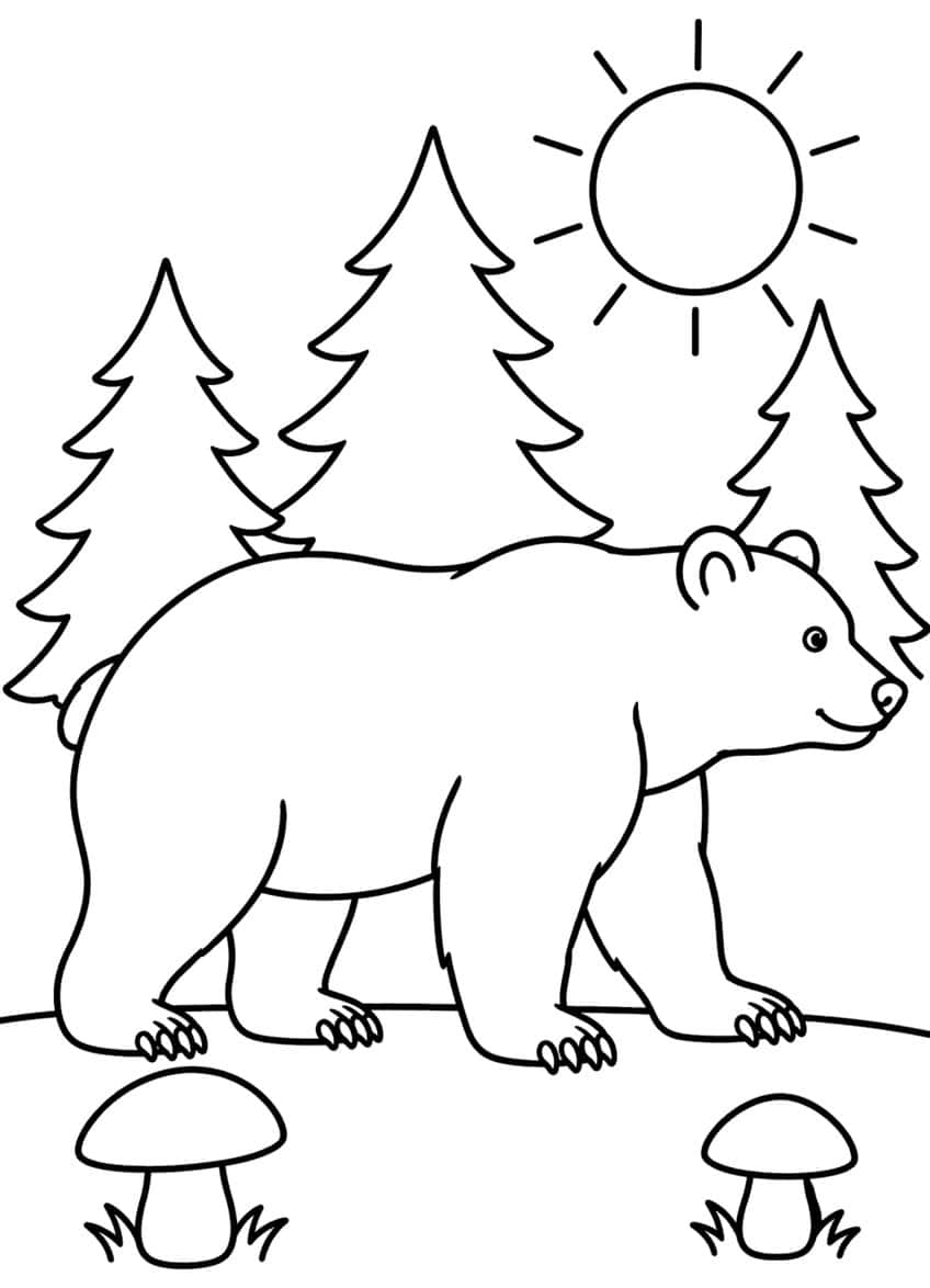 Bear coloring page with a bear walking past two mushrooms, fir trees and a sun