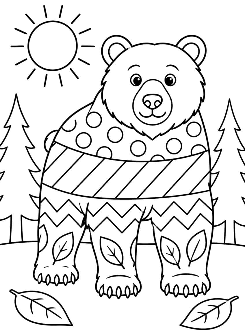 Bear coloring page with dot, stripe, zigzag and leaf patterns, pine trees and a sun
