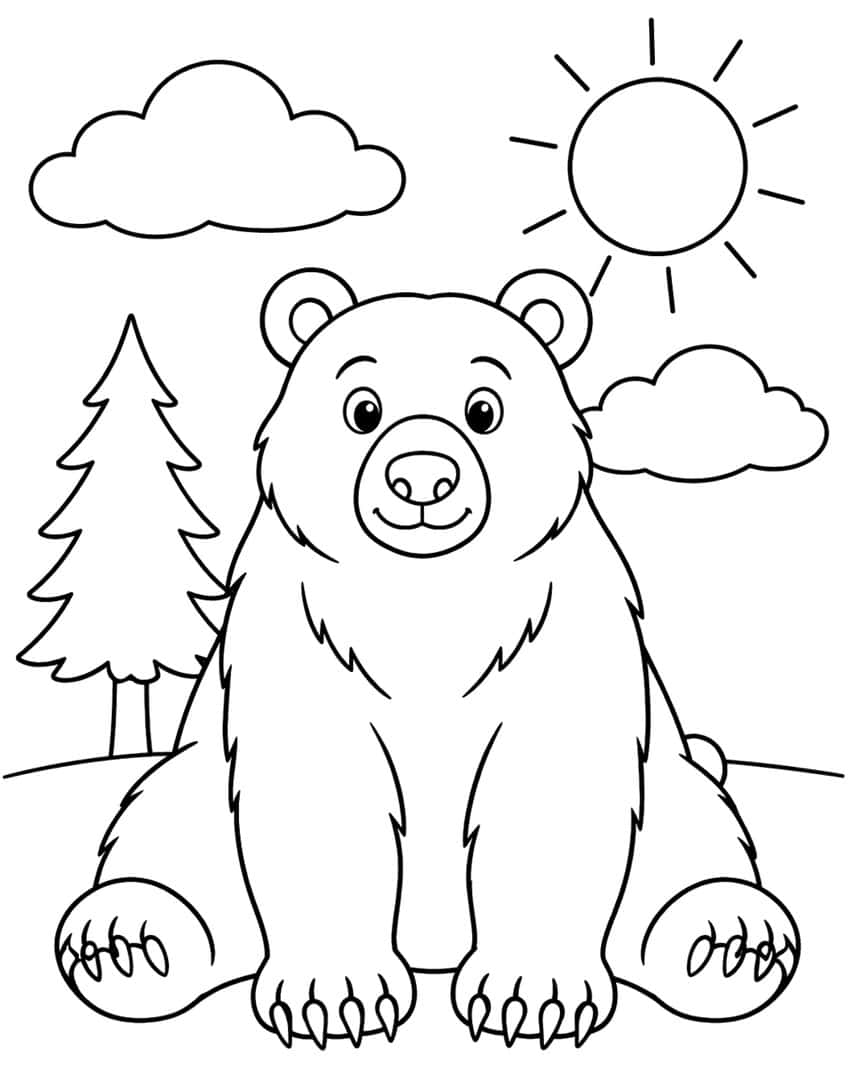 Coloring page of a smiling bear sitting on a hill with a pine tree, clouds and sun