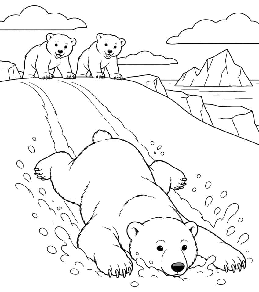 Coloring page of a polar bear sliding down a snowy slope as two cubs watch from above