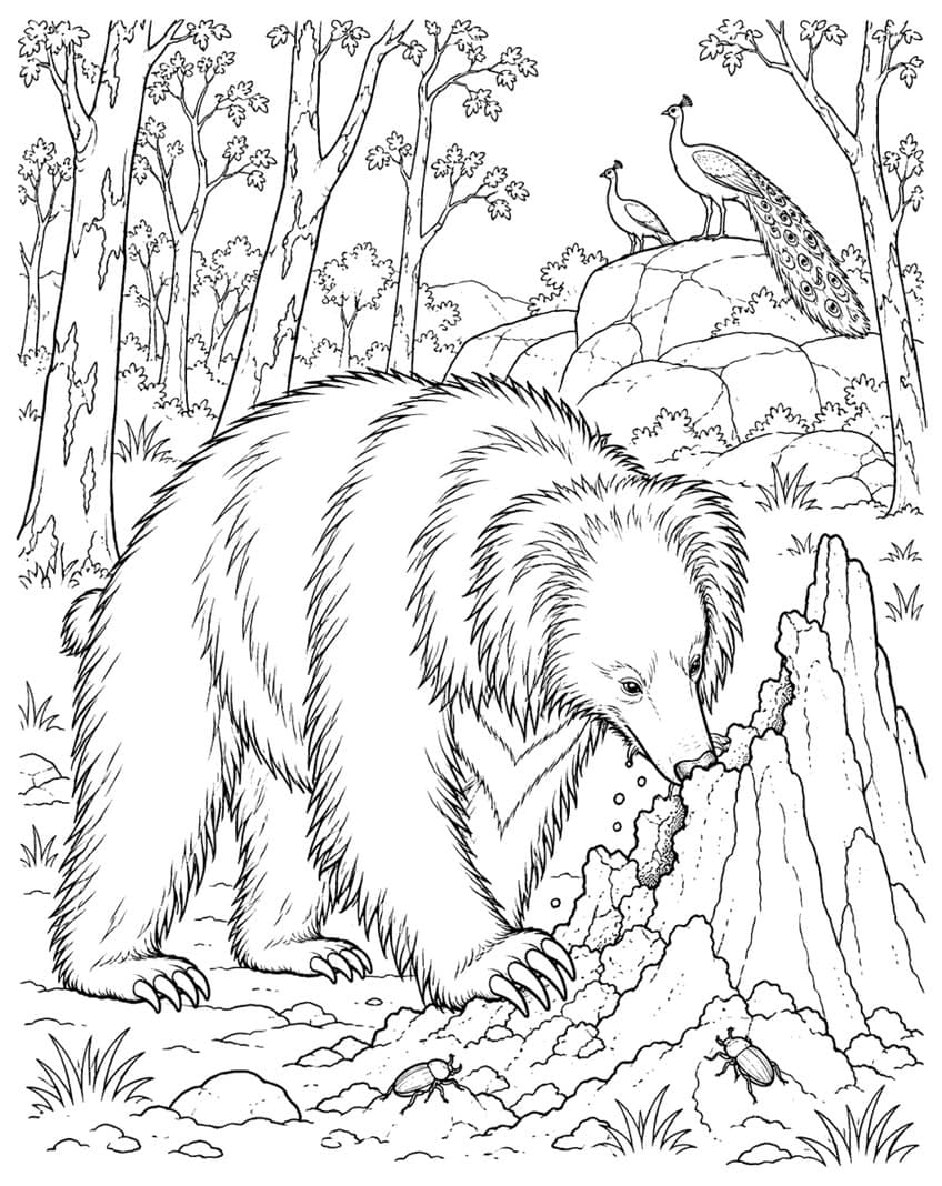 Sloth bear coloring page with a termite mound, peacocks on rocks and beetles in a forest