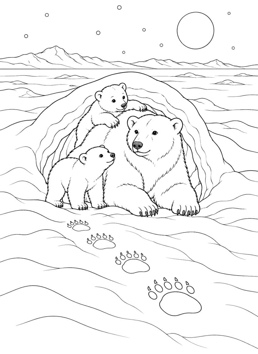 Polar bear mother and two cubs at a snow den with paw prints, moon and mountains
