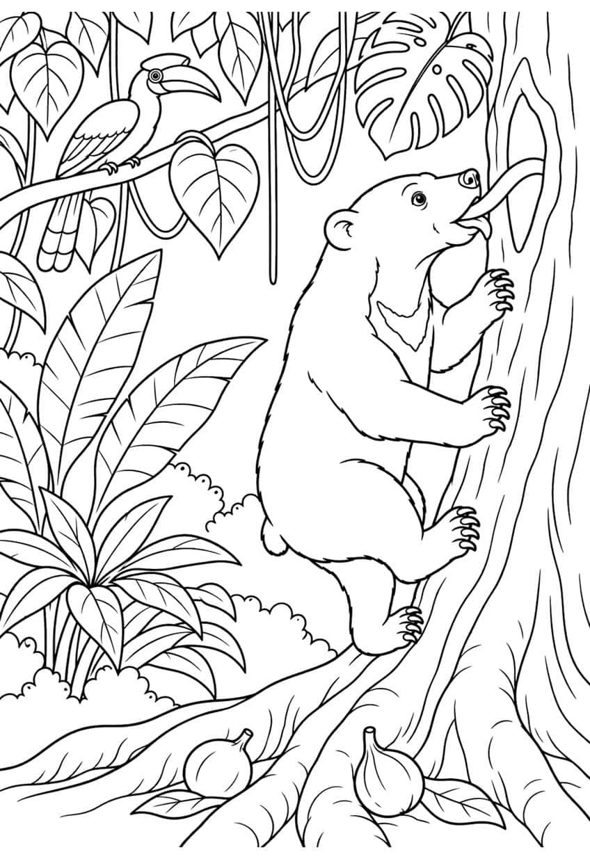 Coloring page of a sun bear climbing a jungle tree, with a hornbill on a branch and figs below