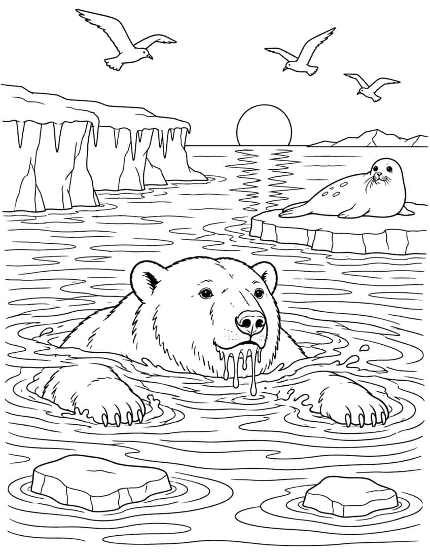 Polar bear swimming in the sea with a seal on an ice floe and seagulls flying above