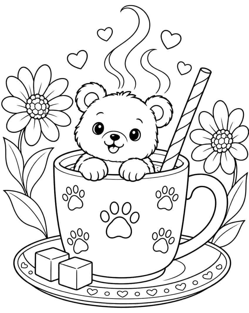 Coloring page of a bear cub in a paw print mug on a saucer with sugar cubes, daisies and hearts