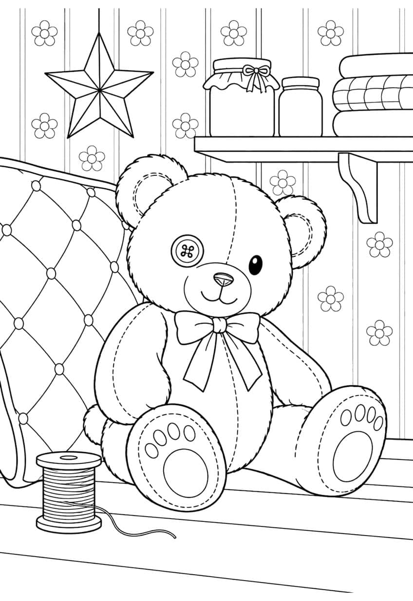Coloring page of a stitched teddy bear with a button eye and bow tie beside a thread spool