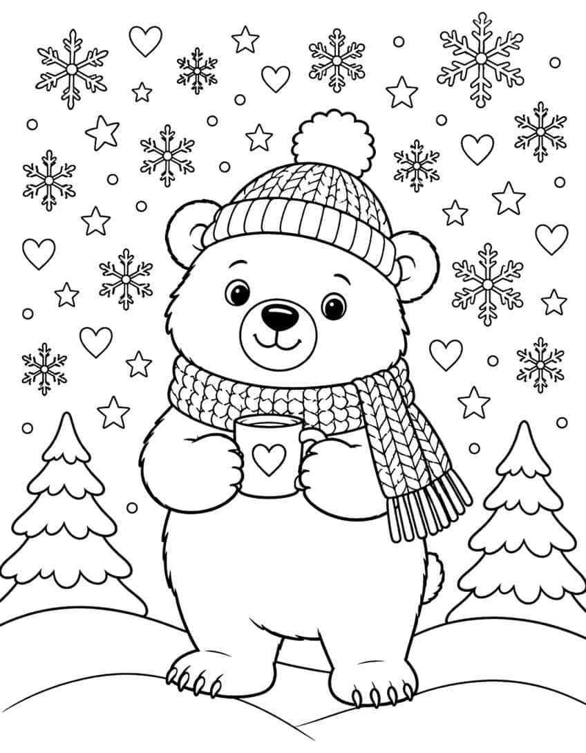 Coloring page of a bear in a knit hat and scarf holding a mug among snowflakes and fir trees