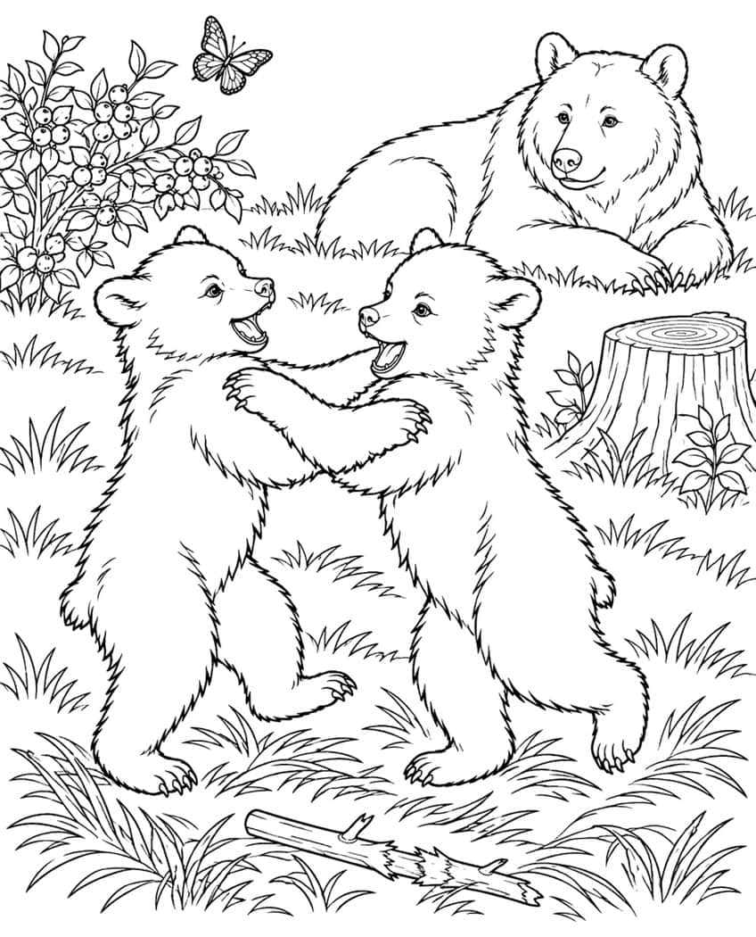Coloring page of two bear cubs wrestling in a meadow as a mother bear lies watching