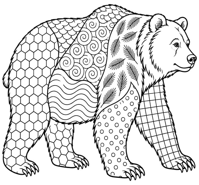 Coloring page of a walking bear filled with zentangle patterns like hexagons, spirals, waves and dots