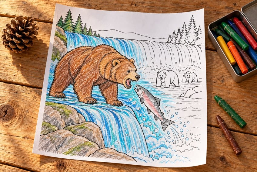 bear coloring page partly colored in with pencils