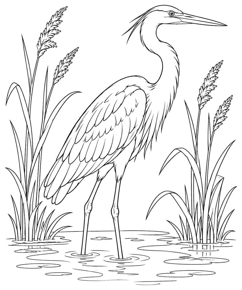 Coloring page of a heron standing in shallow water among tall reeds