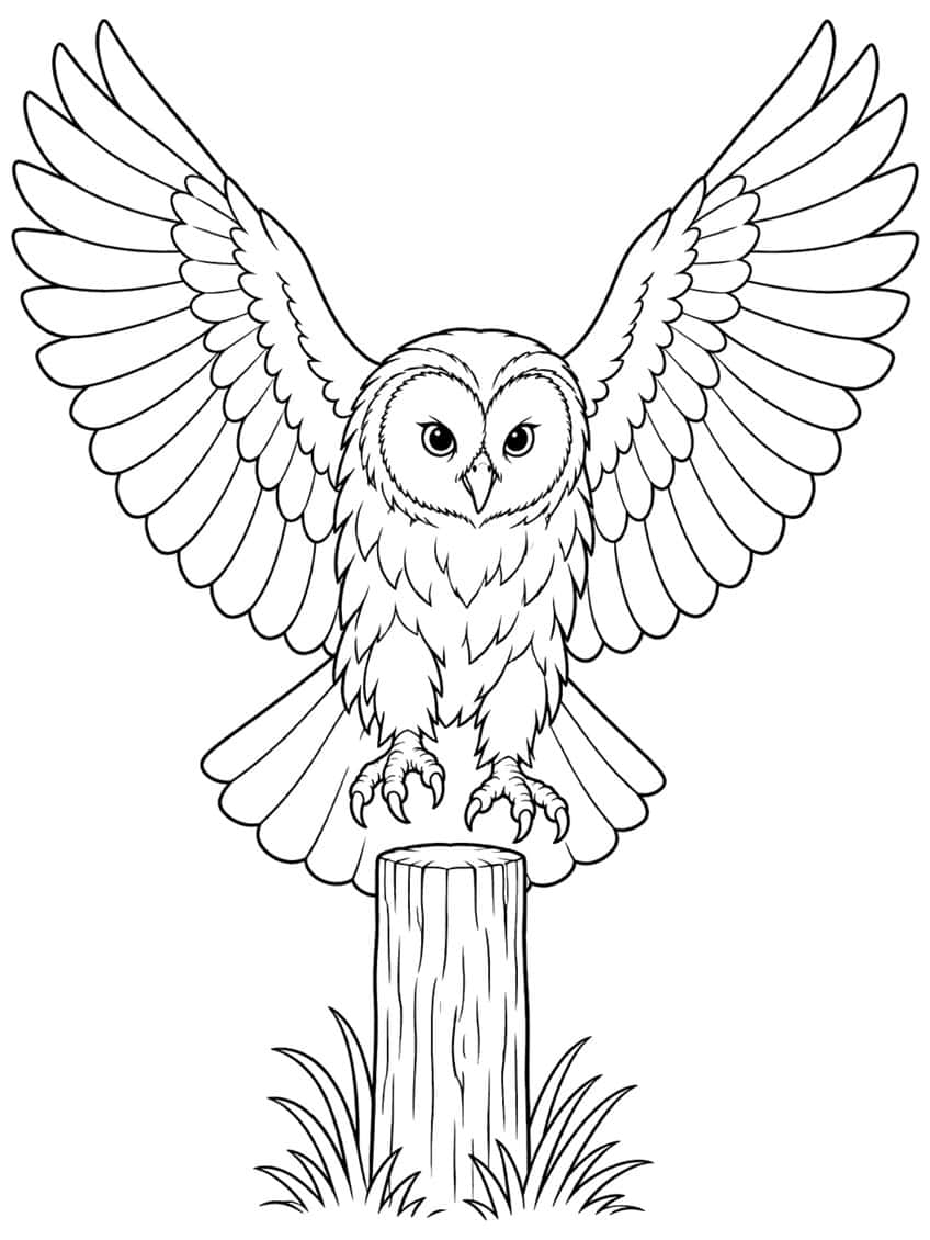 Coloring page of an owl with open wings landing on a wooden post in grass