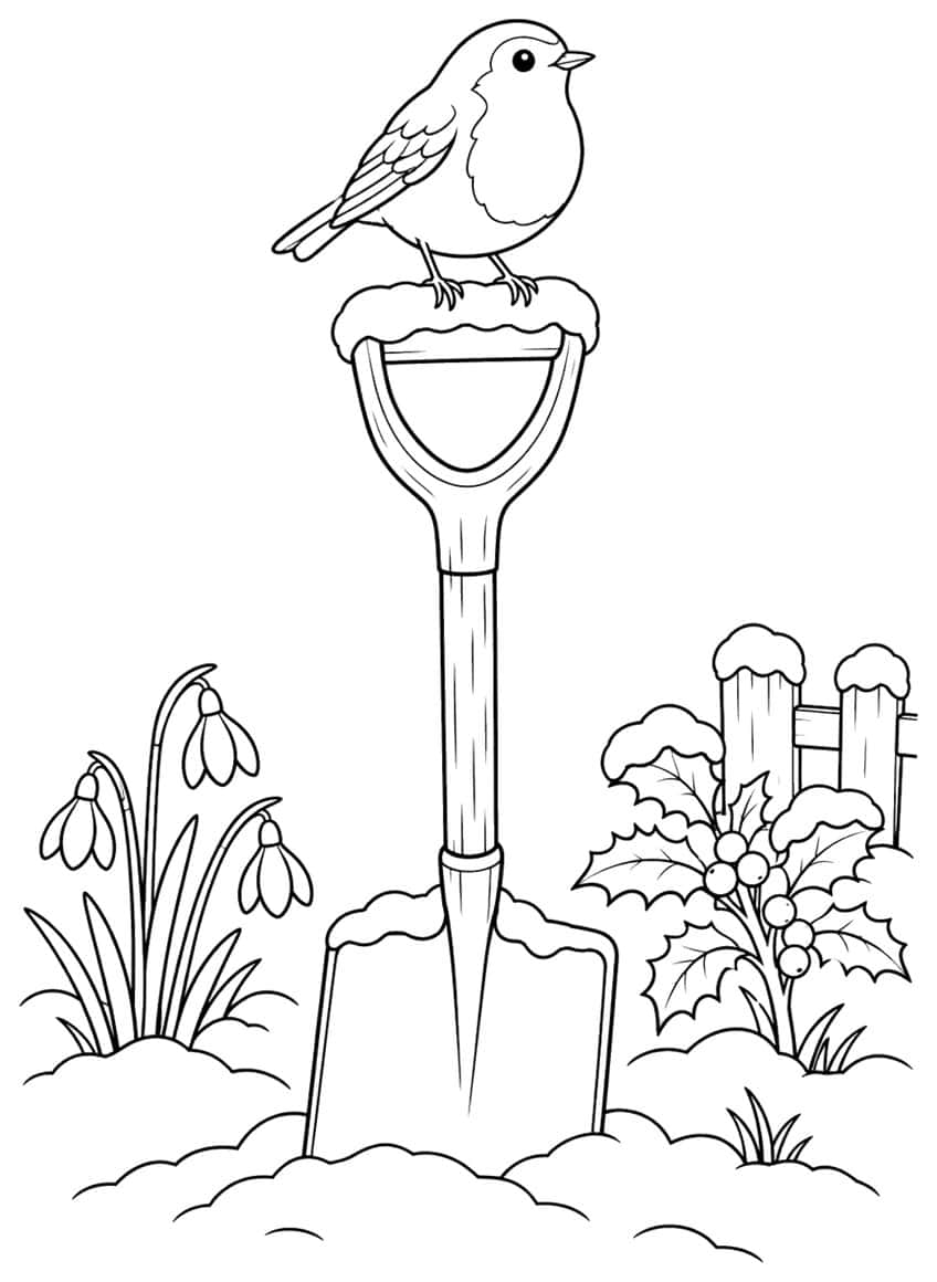 Coloring page of a robin sitting on a spade handle in a snowy garden