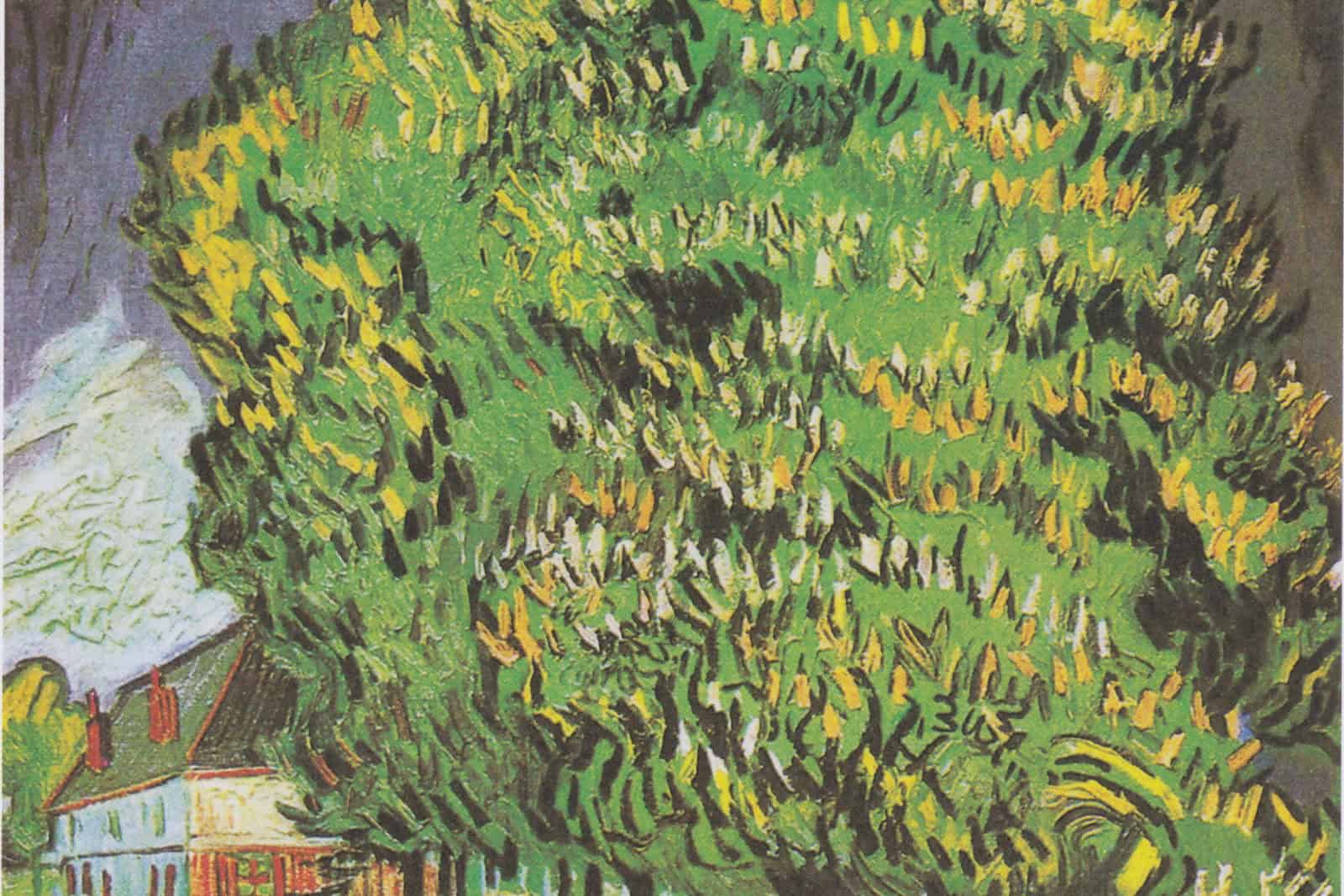 A flowering chestnut tree fills Vincent van Gogh’s Auvers street scene, with buildings and a road visible beyond its branches.