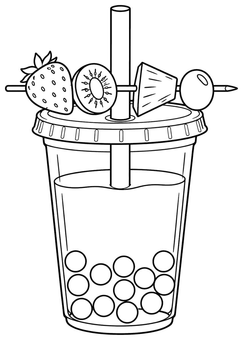 Bubble tea cup with straw, tapioca pearls and a fruit skewer on the lid