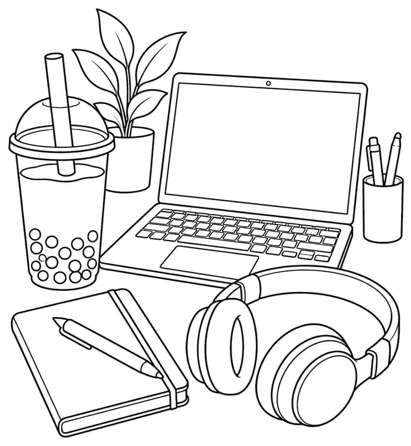 Coloring page with boba tea, laptop, headphones, notebook and plant on a desk