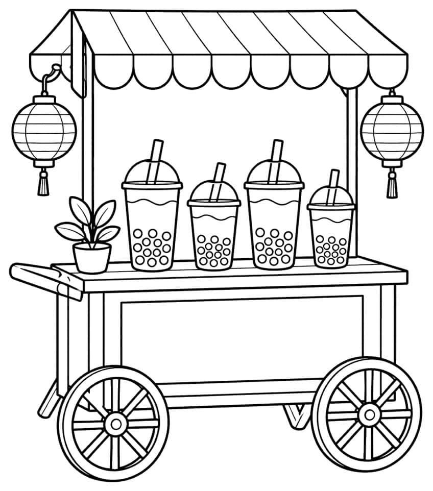 Coloring page of a boba tea cart with four cups, lanterns and big wheels