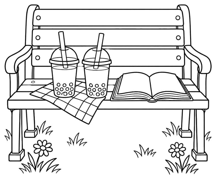 Coloring page with two boba tea cups and an open book on a park bench