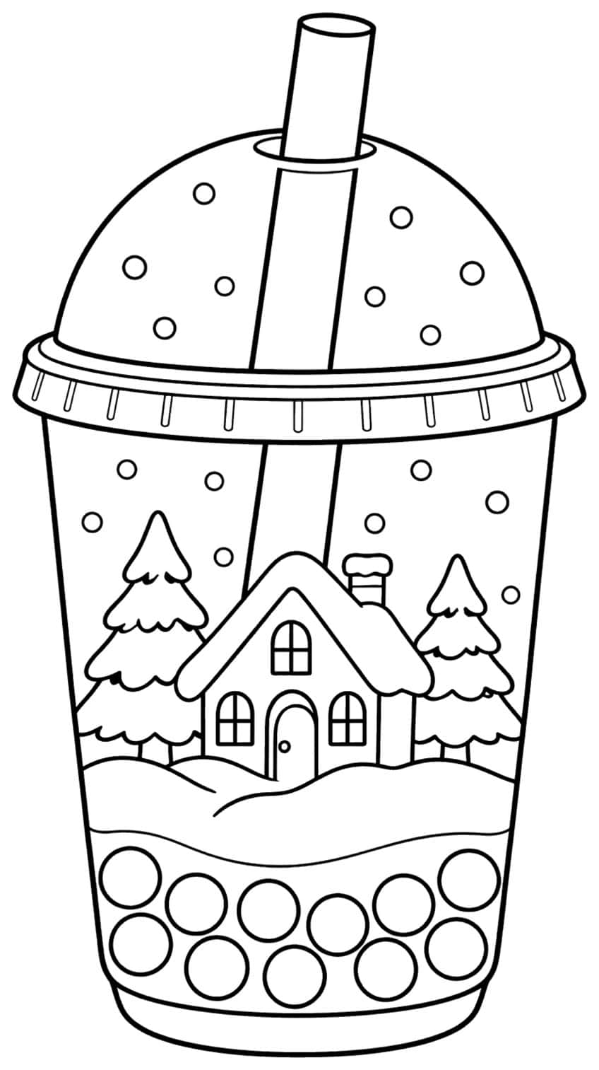 Boba cup coloring page with a snowy house, fir trees and tapioca pearls