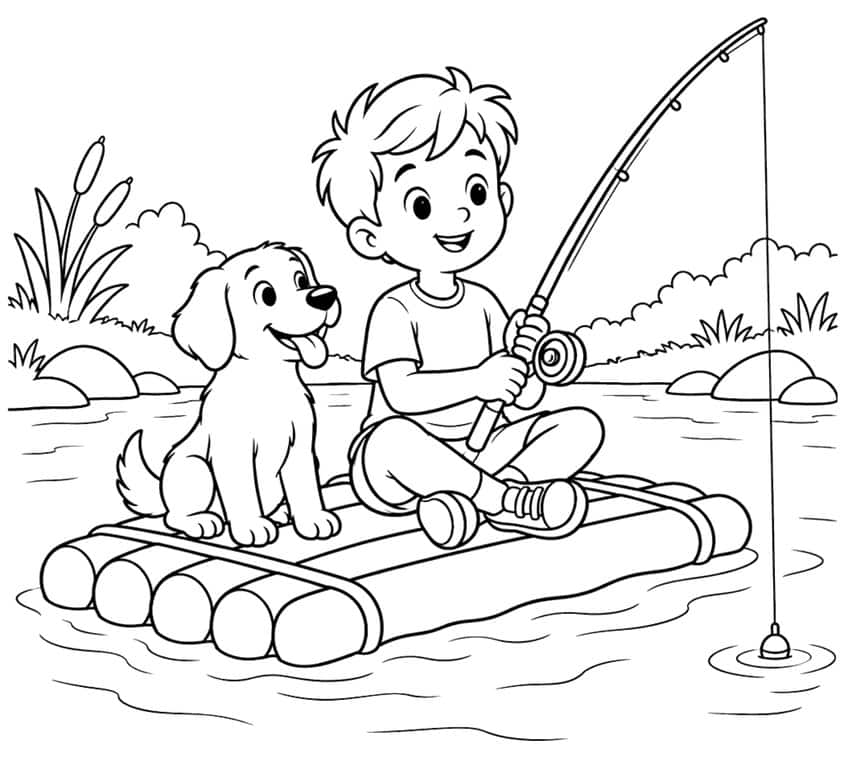 Coloring page of a boy fishing on a log raft with a puppy beside him