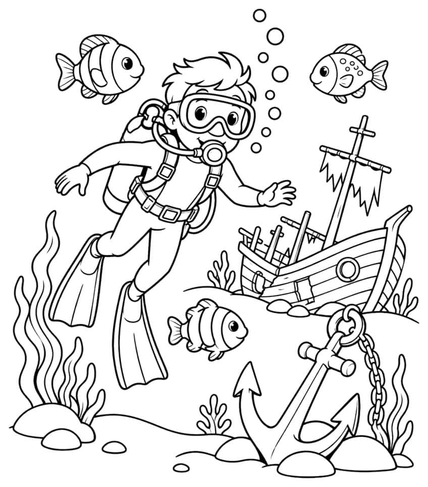 Coloring page with a scuba diver, fish, anchor and sunken ship