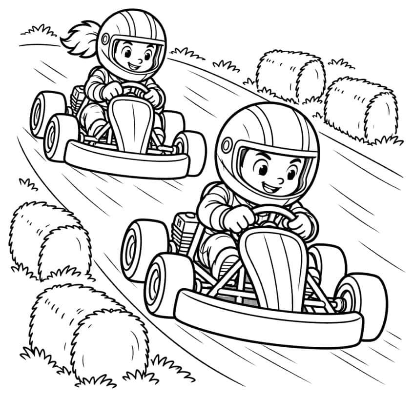 Coloring page with two children racing go-karts past straw bales