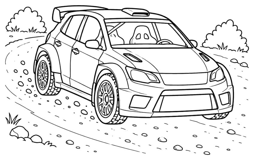 Coloring page of a rally car with rear wing on a gravel road