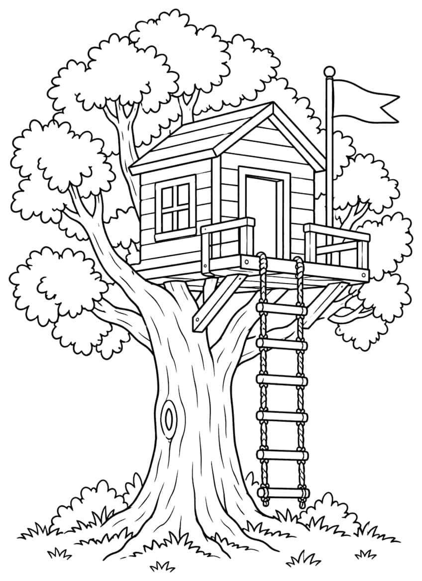 Coloring page of a treehouse in a tree with a rope ladder and flag