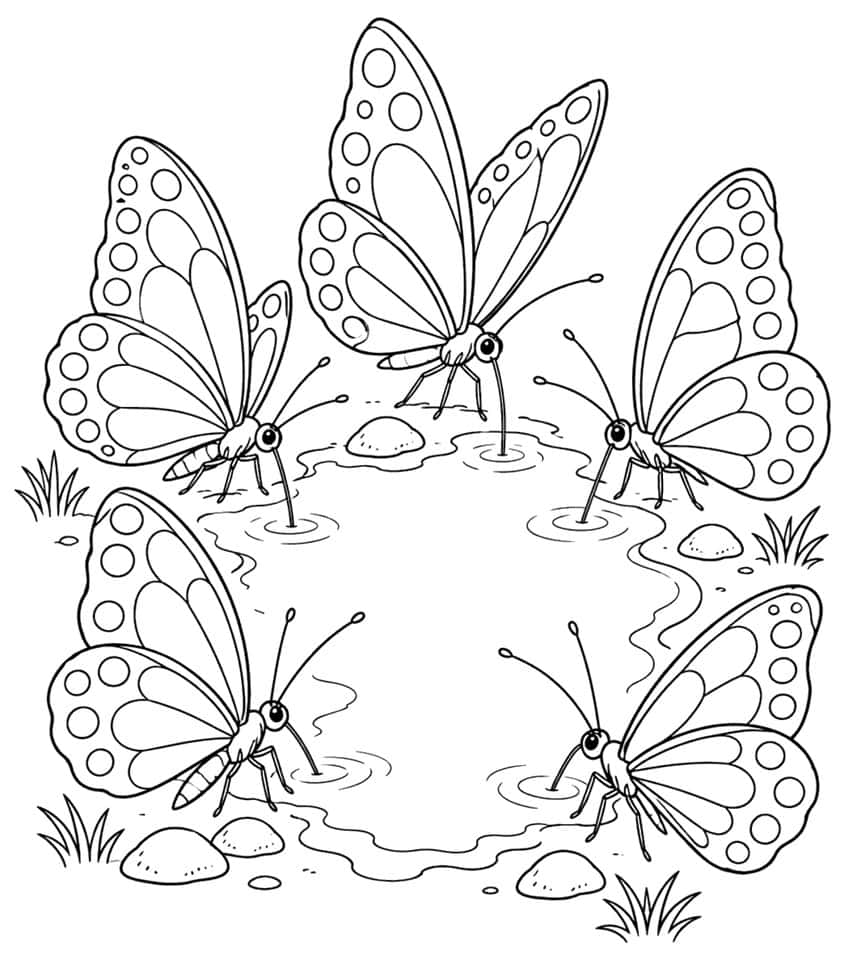 Coloring page with six butterflies drinking around a puddle with stones and grass