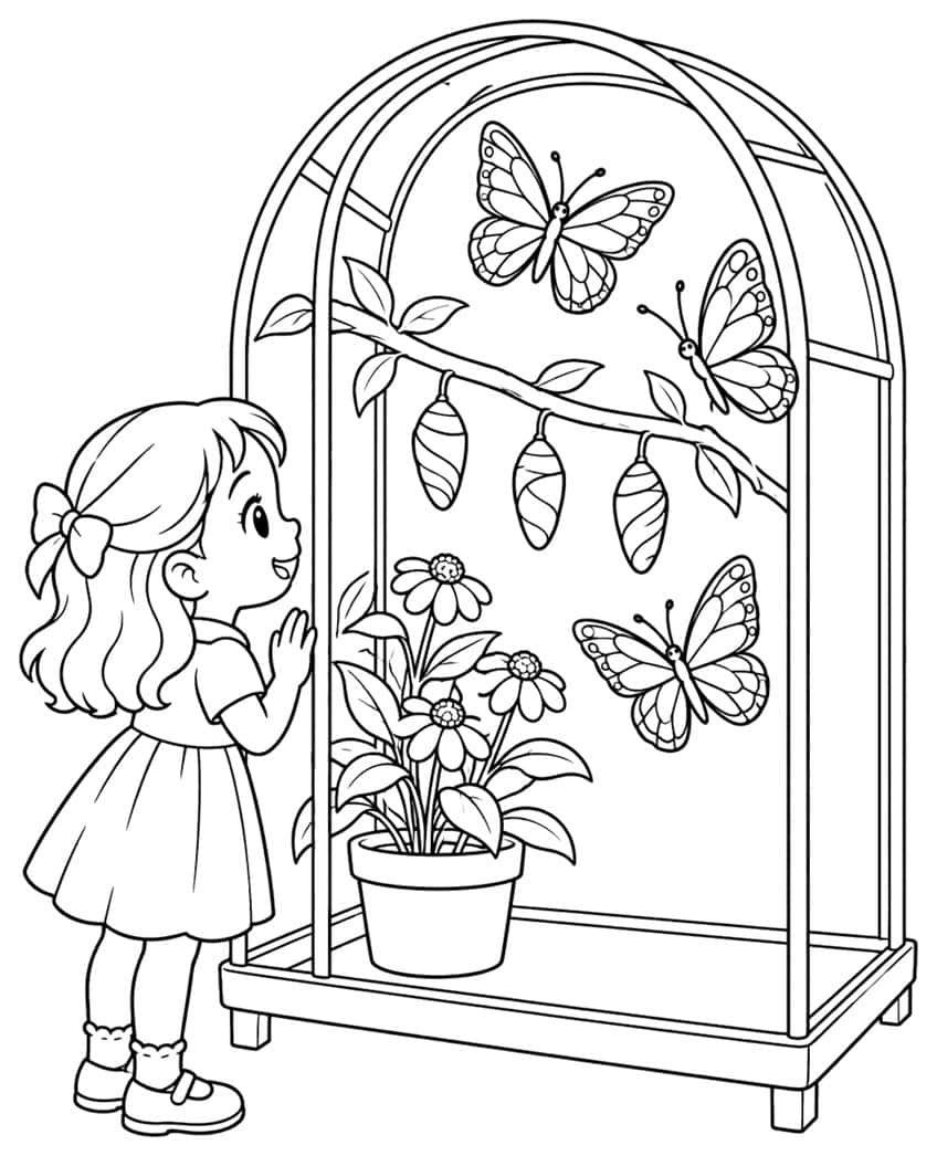 Coloring page: girl looking into an arched butterfly house with three butterflies