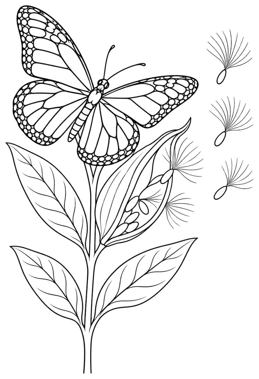 Coloring page of a monarch butterfly on a milkweed plant with seed pod
