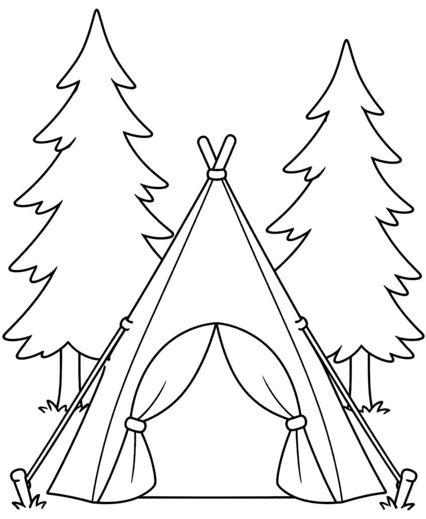 A-frame tent with open tied-back flaps, crossed poles, two tall pine trees, stakes and grass