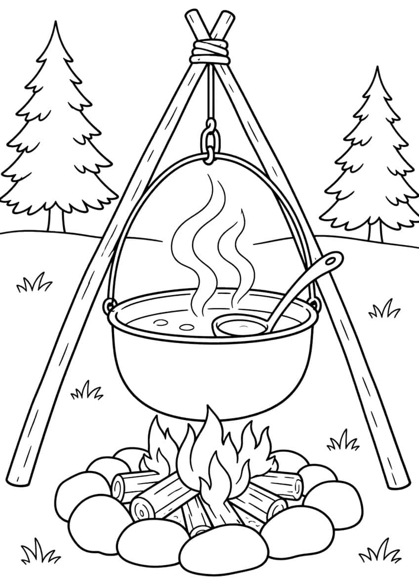 Cooking pot hanging from a tripod over a campfire with stones, logs, ladle, steam and two pine trees