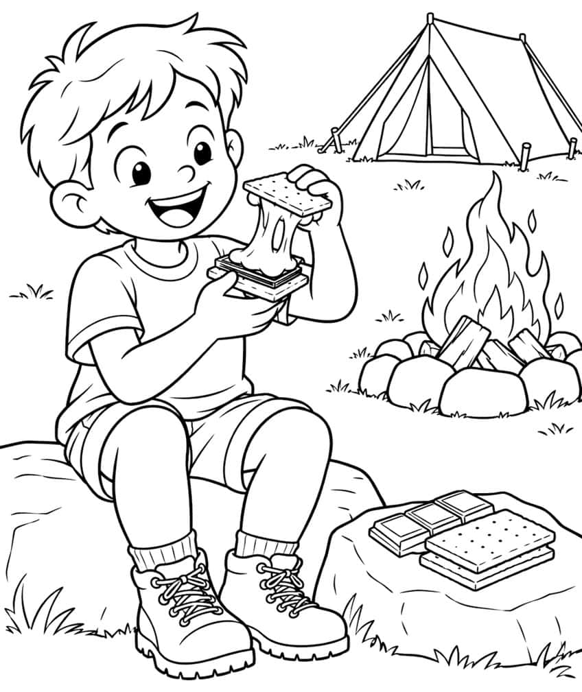 Smiling boy on a rock eating a s'more, with campfire, stone ring, tent and chocolate bars