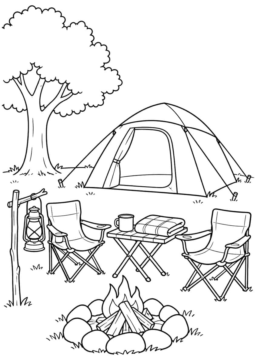 Two camp chairs, folding table with mug, campfire in stone ring, lantern on a post, dome tent and tree