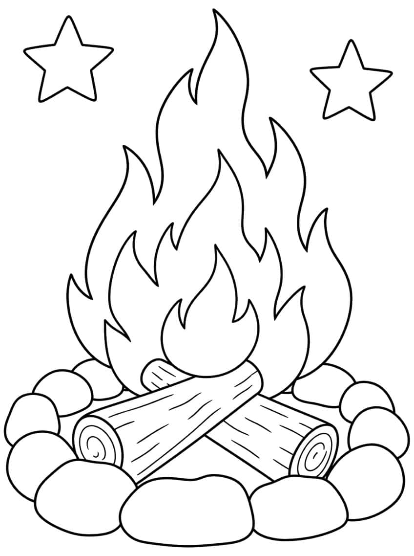 Campfire with tall flames, two crossed logs, a ring of stones and two stars