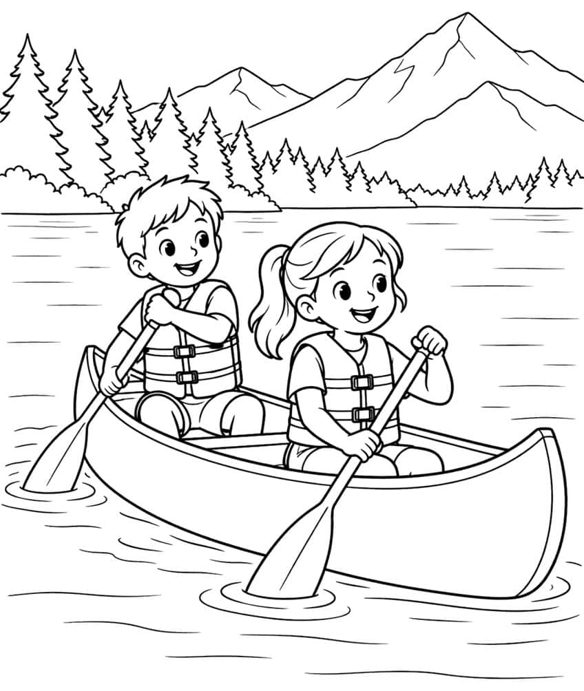 Boy and girl in life vests paddling a canoe on a lake with pine trees and mountains