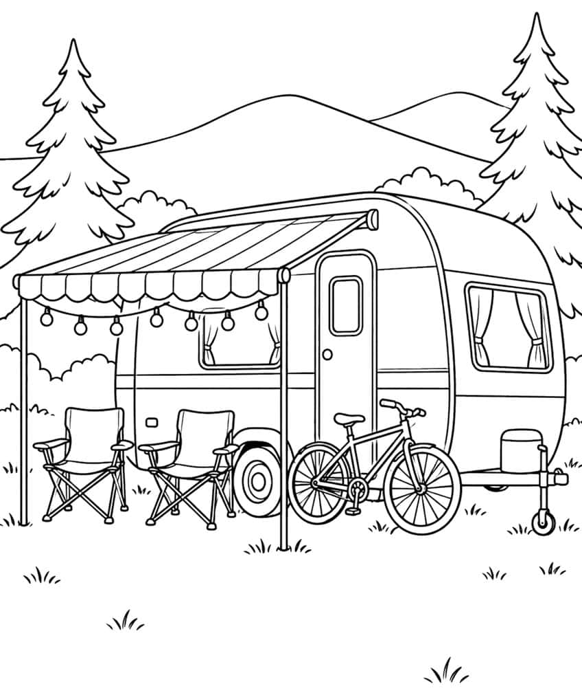 Retro caravan with striped awning, string lights, two camp chairs, a bicycle, pine trees and hills
