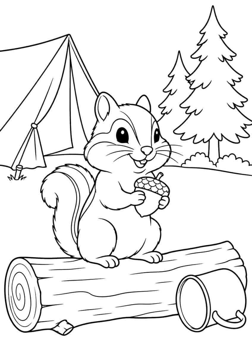 Chipmunk holding an acorn on a log beside a camp mug, with a tent and two pine trees behind