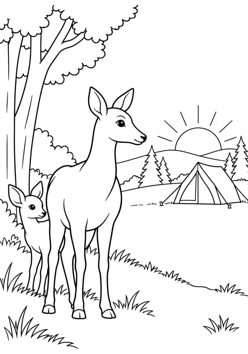 Doe and fawn in a meadow near a tree, with a tent, pines and a rising sun behind