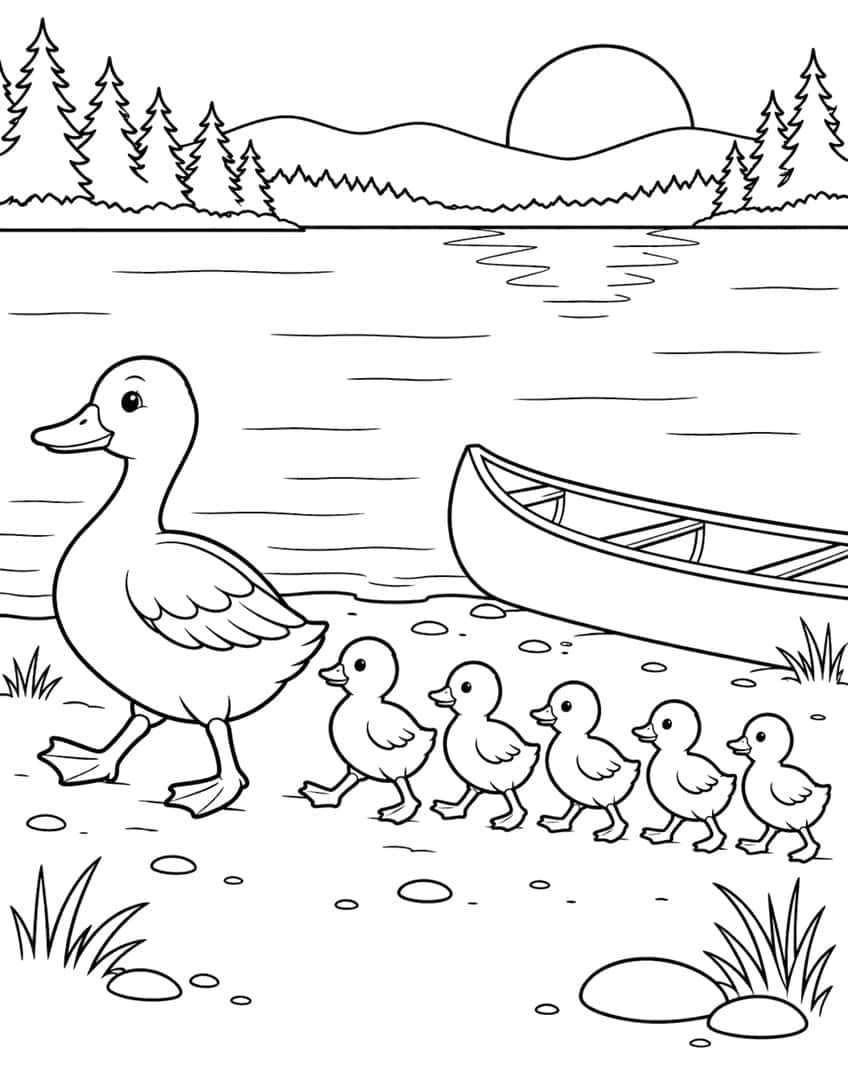 Mother duck with five ducklings beside a canoe on a lake shore, with pine trees, hills and a sun
