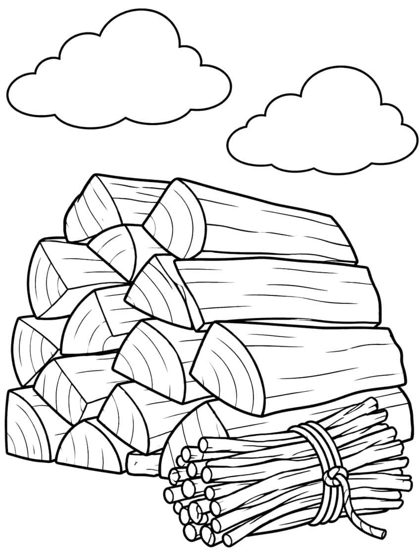 Stack of split firewood logs with a rope-tied kindling bundle and two clouds