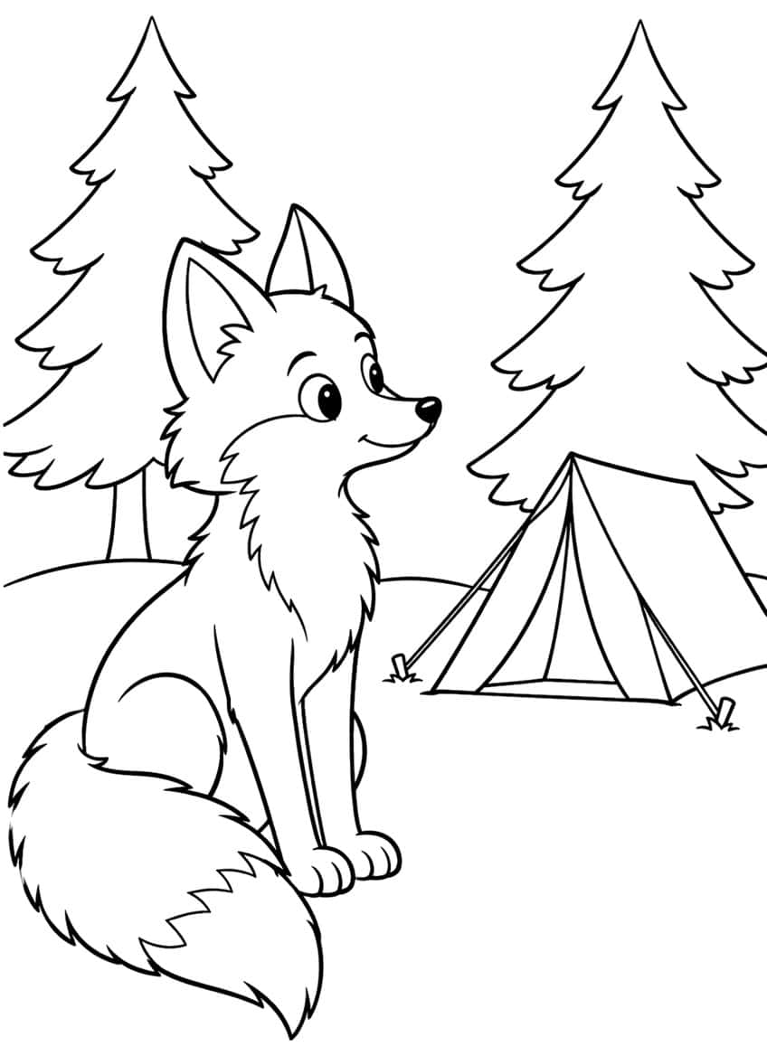 Smiling sitting fox with bushy tail, two pine trees and a small tent with ropes on grassy hills