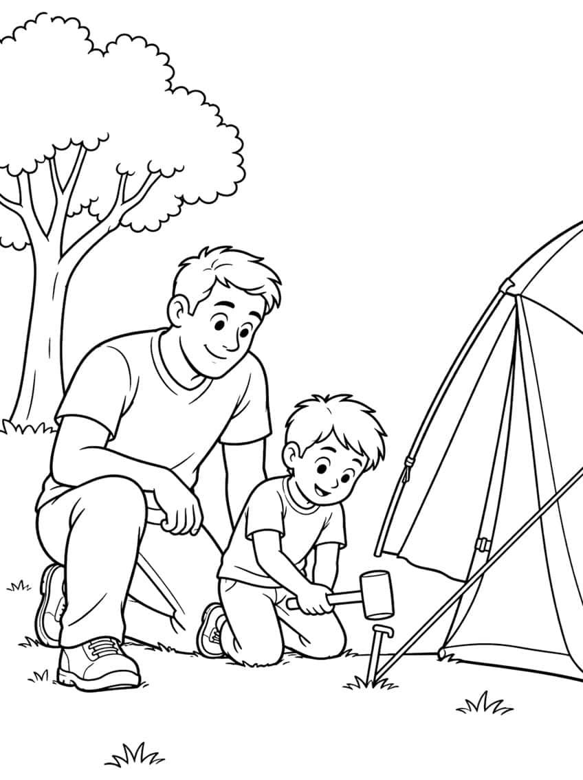 Man and boy kneeling in the grass, boy hammering a tent peg with a mallet beside a tent and a tree