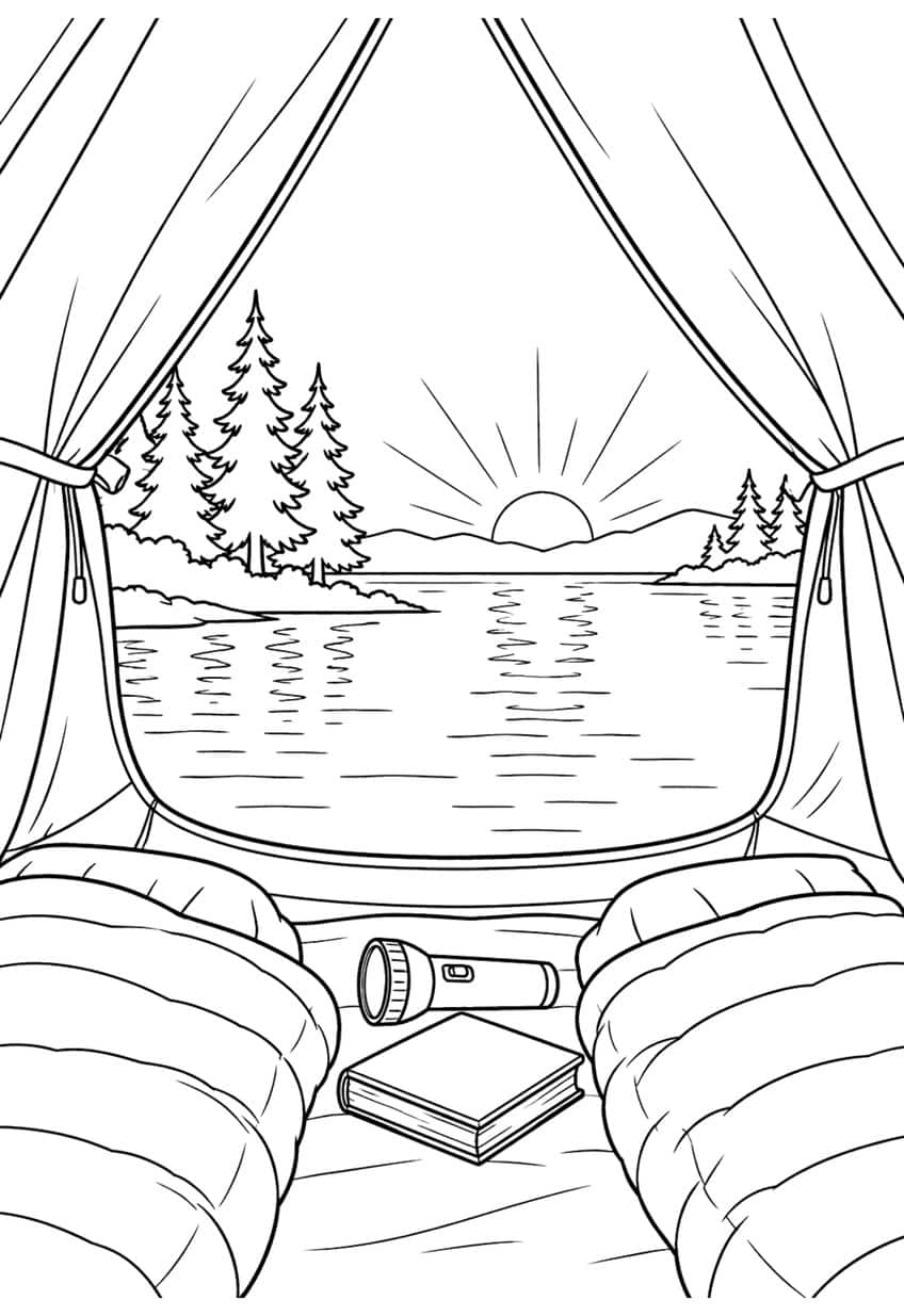 View from inside a tent of a lake at sunrise with pine trees, sleeping bags, flashlight and book
