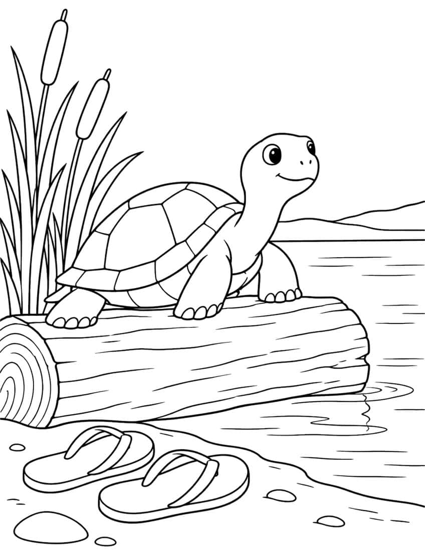 Smiling turtle on a log beside a lake with cattails, flip-flops, pebbles and distant hills