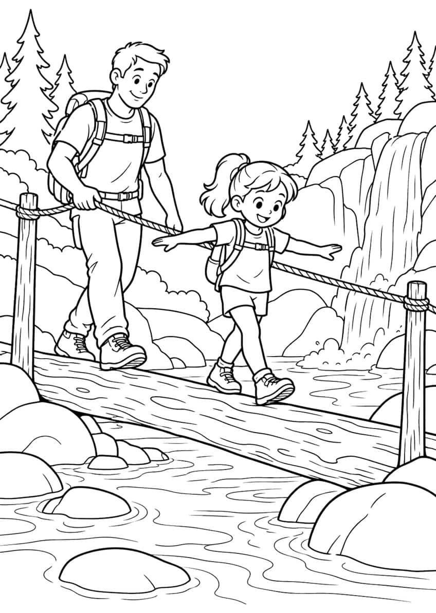 Man and girl with backpacks crossing a log bridge over a stream with rocks, waterfall and pines