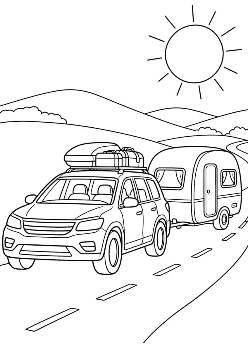 SUV with roof luggage towing a caravan down a winding road under a sun and hills