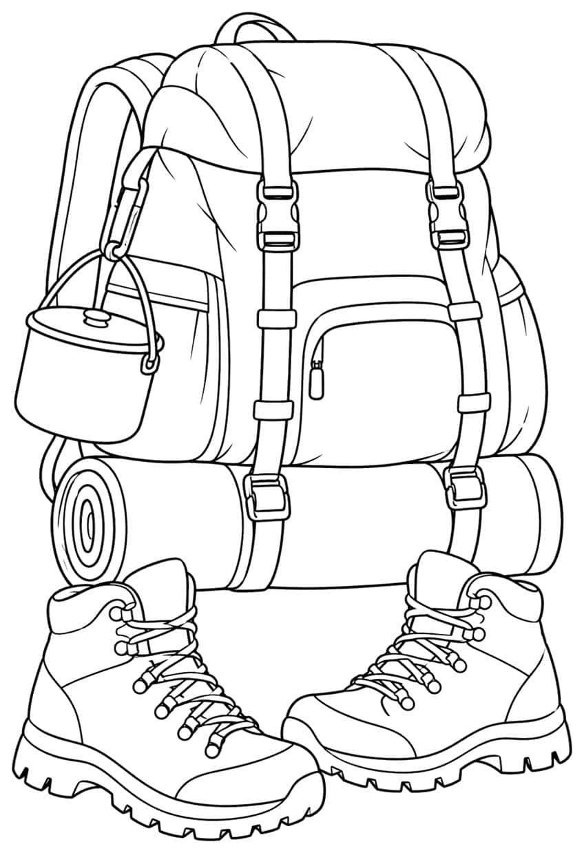 Hiking backpack with buckled straps, rolled mat, hanging cooking pot and a pair of hiking boots