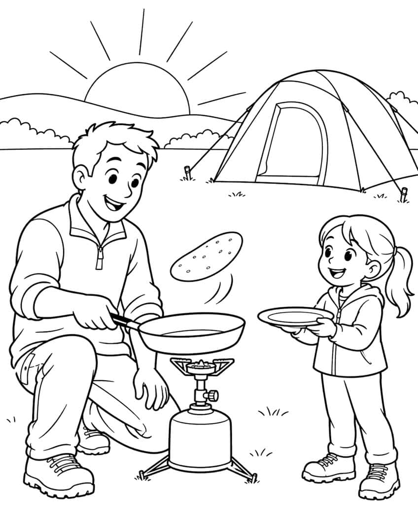 Man flipping a pancake from a pan over a camp stove, girl with a plate, dome tent and sunrise